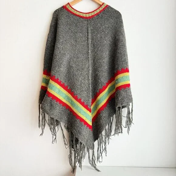 Vintage Wool Handknit Fringe Hem Poncho OS - Picture 2 of 4